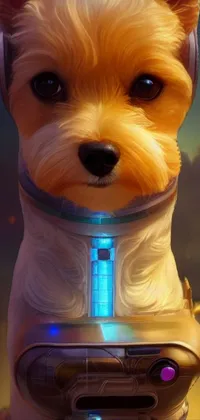 This cute phone live wallpaper features a closeup of a yorkshire terrier wearing headphones, with an adorable friendly robot by its side