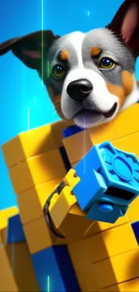 This mobile live wallpaper features a charming dog popping out of a vibrant Lego box, rendered in stunning 8K detail using the Unreal Engine technology