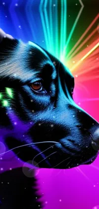 This phone live wallpaper features a high-detailed digital art creation of a dog on a colorful, glowing neon background