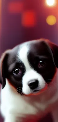 This captivating phone live wallpaper features a striking black and white puppy gazing directly at the camera