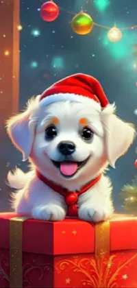 Here is a <a href="/cool-wallpapers/cute-wallpapers">cute live wallpaper</a> of a white puppy in a Holiday hat sitting on a Christmas present