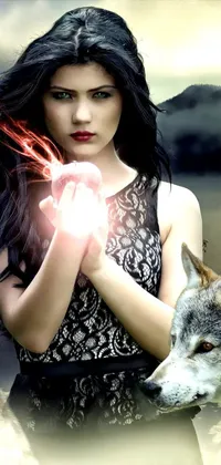 This live wallpaper features an alluring woman holding a glowing orb beside two impressive wolves, set in a mystical fantasy world