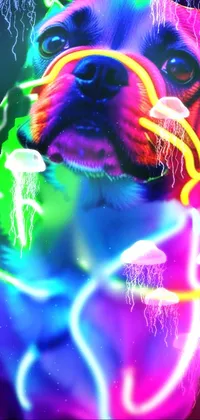 This phone live wallpaper showcases a close-up of a dog adorned with neon lights in a diverse blend of shades