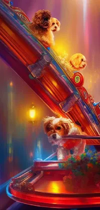 This live wallpaper for phones showcases a vivid scene of furry canines riding atop a brightly colored monorail train