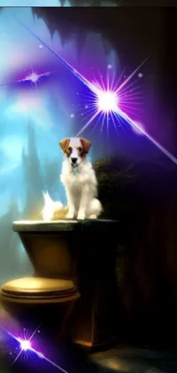 This phone live wallpaper showcases a stunning fantasy art portrait of a small white dog gracefully perched on a toilet