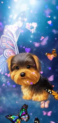 This charming live wallpaper features a cute and cartoonish Yorkshire Terrier flying through a galaxy and surrounded by colorful butterflies
