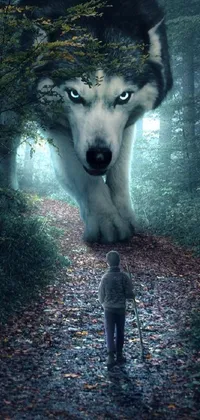 This surrealistic live wallpaper features a person walking a dog down a path in the woods with a giant silver wolf