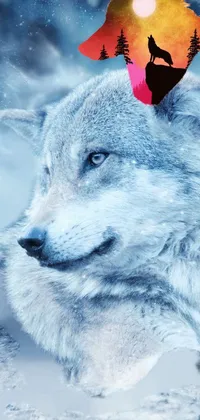 This phone live wallpaper depicts a majestic wolf resting peacefully in a snowy landscape