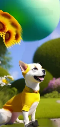 This live wallpaper features a charming depiction of a dog sitting on a grassy lawn, with a field of sunflowers in the background