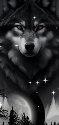 This live phone wallpaper features a captivating black and white photo of a majestic wolf in the wild