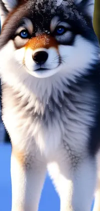 This phone live wallpaper showcases a digital painting of a dog standing in the snow