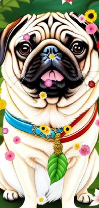 Enhance your phone's display with a vivid and detailed live wallpaper featuring a painted pug dog surrounded by a stunning field of flowers