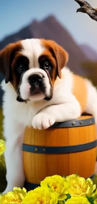 This phone live wallpaper depicts a charming brown and white dog sitting atop a barrel in a beautiful floral setting