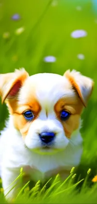 This live wallpaper features a digital rendering of an adorable small dog sitting on a lush green field
