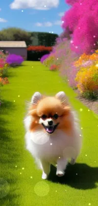 This live wallpaper depicts a beautiful digital painting of a Pomeranian dog in a grassy field with a colorful garden background