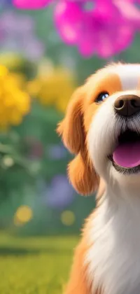 This phone live wallpaper depicts a charming brown and white dog sitting atop a lush green field, complete with a close-up view of the endearing puppy's face
