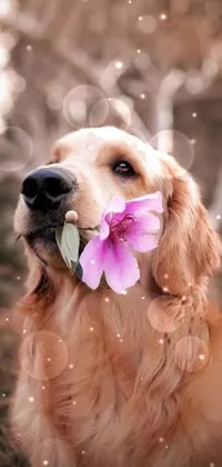 Bring nature and cuteness to your phone with this stunning live wallpaper showcasing a delightful dog holding a delicate flower