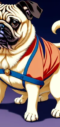 This live phone wallpaper showcases a cute pug wearing a vibrant red and blue vest against a graphics-inspired background