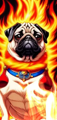 This unique phone live wallpaper features a cozy pug sitting in front of a blazing fire with elements of Sots Art and mystical designs