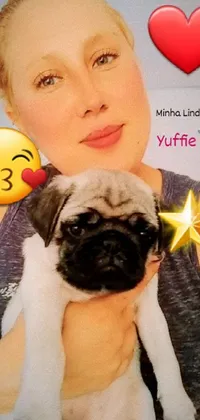 This phone live wallpaper showcases a delightful scene of a woman holding a cute pug, rendered in a striking hurufiyya style