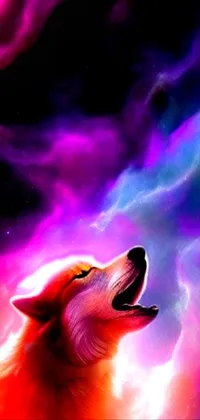 This live wallpaper features a breathtaking airbrush painting of a wolf howling in front of a vibrant red and purple nebula, with a full moon shining in the background