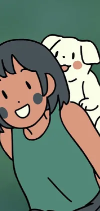 This Japanese animation-style live wallpaper features a woman wearing a colorful outfit and carrying a cute white dog on her back