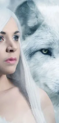 This phone live wallpaper showcases a stoic wolf standing next to a woman with long white hair
