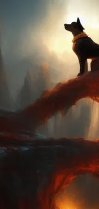 This phone live wallpaper portrays a majestic dog set against a fantasy landscape with red flowing lava rivers