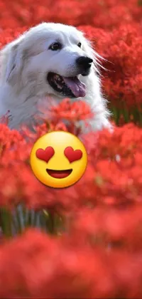 This phone live wallpaper features an adorable dog sitting in a field of striking red flowers