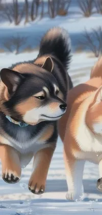 This charming live phone wallpaper showcases two dogs running in the snow, captured in a high-detail digital painting