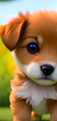 Looking for the perfect live wallpaper for your phone? Look no further than this brown and white puppy standing on a lush green field! Rendered in stunning 4K resolution, this wallpaper is a digital painting that captures the cuteness and realism of a littlest pet shop animal