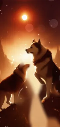 This live wallpaper features two Finnish Lapphunds standing on a lush green mountain