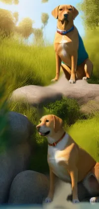 Looking for a charming and playful live wallpaper for your smartphone? This high-resolution image features two adorable dogs sitting atop a rock, beautifully rendered in a vibrant, Pixar-inspired style