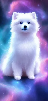 Create an enchanting galaxy-themed live wallpaper for your phone with this furry artwork featuring a fluffy white dog! Perfectly crafted using gradients, the dreamy, surreal quality of the artwork captures the dog in a full-body, close-up shot, showcasing its incredibly soft and fluffy fur