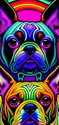 Get ready to bring your phone screen to life with this impressive live wallpaper featuring two adorable dogs! This vector art wallpaper is channeling Lisa Frank's style with its vibrant psychedelic colors and a neon cyberpunk theme
