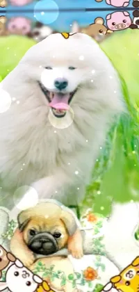 This phone live wallpaper features a white dog standing on a lush green field with a pastel, tumblr, and sōsaku hanga style, creating a cheerful and whimsical effect