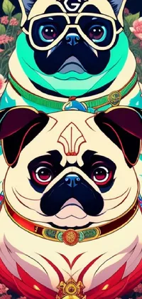 This charming live wallpaper features two pugs cuddled together in a Japanese-inspired poster style
