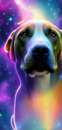 Looking for a unique and vibrant live wallpaper for your phone? Check out this close-up of a dog on a galaxy background! The full-body shot features a pitbull with smoky grey coloring and a playful expression