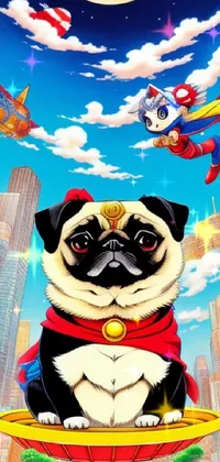 This phone live wallpaper showcases an adorable pug dog on a skateboard amid a busy, colorful background in the style of toyism