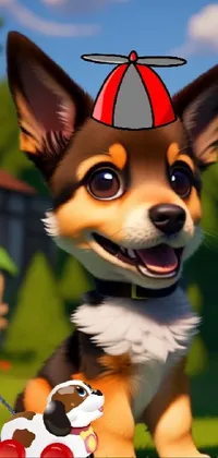 This delightful live wallpaper for your phone features a cute brown and white corgi dog sitting on top of a vibrant green field