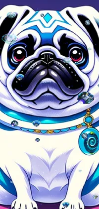 This live wallpaper features a vector drawing of a pug with a blue collar in a fun furry art style
