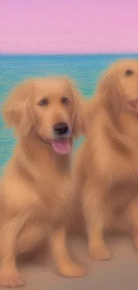 This pastel live wallpaper features two adorable dogs enjoying a serene beach environment