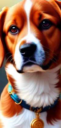 This amazing phone live wallpaper depicts a brown and white dog, adorned with a blue collar, in a stunning digital painting