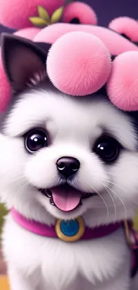 This live wallpaper features a charmingly cute furry white dog, wearing a delightful bunch of pink pom poms on its head