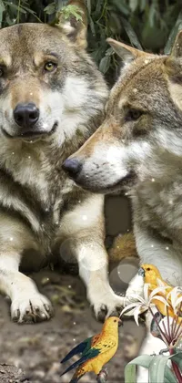 This live wallpaper features two large dogs sitting together in a lush green forest