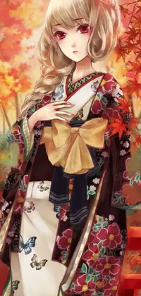 This lovely phone live wallpaper features an anime-style painting of a woman wearing a traditional Japanese kimono, with beautiful autumnal scenery in the background