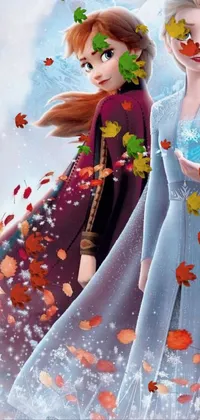 This mobile wallpaper features two Frozen princesses standing together in a captivating, Fall-themed scene