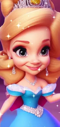 Immerse yourself in a world of enchantment with this captivating 3D live wallpaper of a beautiful cartoon princess in a blue dress, perfect for any fairy tale lover