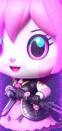 This phone live wallpaper features a detailed 3D model of a female character with a gun, set against a colorful background