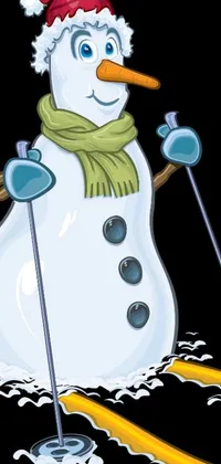 This phone live wallpaper showcases a cute cartoon snowman in skis and a scarf
